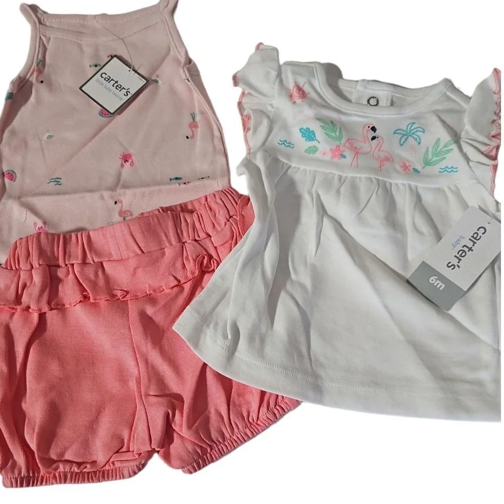 Carter's Baby Girl 3-Pc Set 6 Months Flamingo White Pink Shorts Top Bodysuit NWT